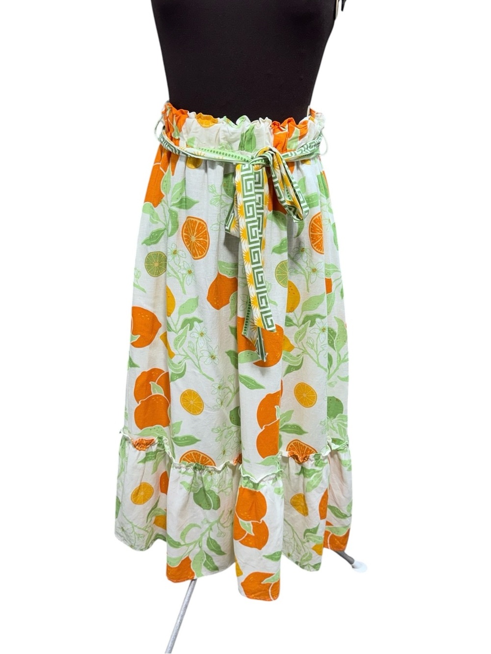 Rachel Zoe Womens L Citrus Print Linen Blend Midi Skirt Ruffle Tie Waist Resort